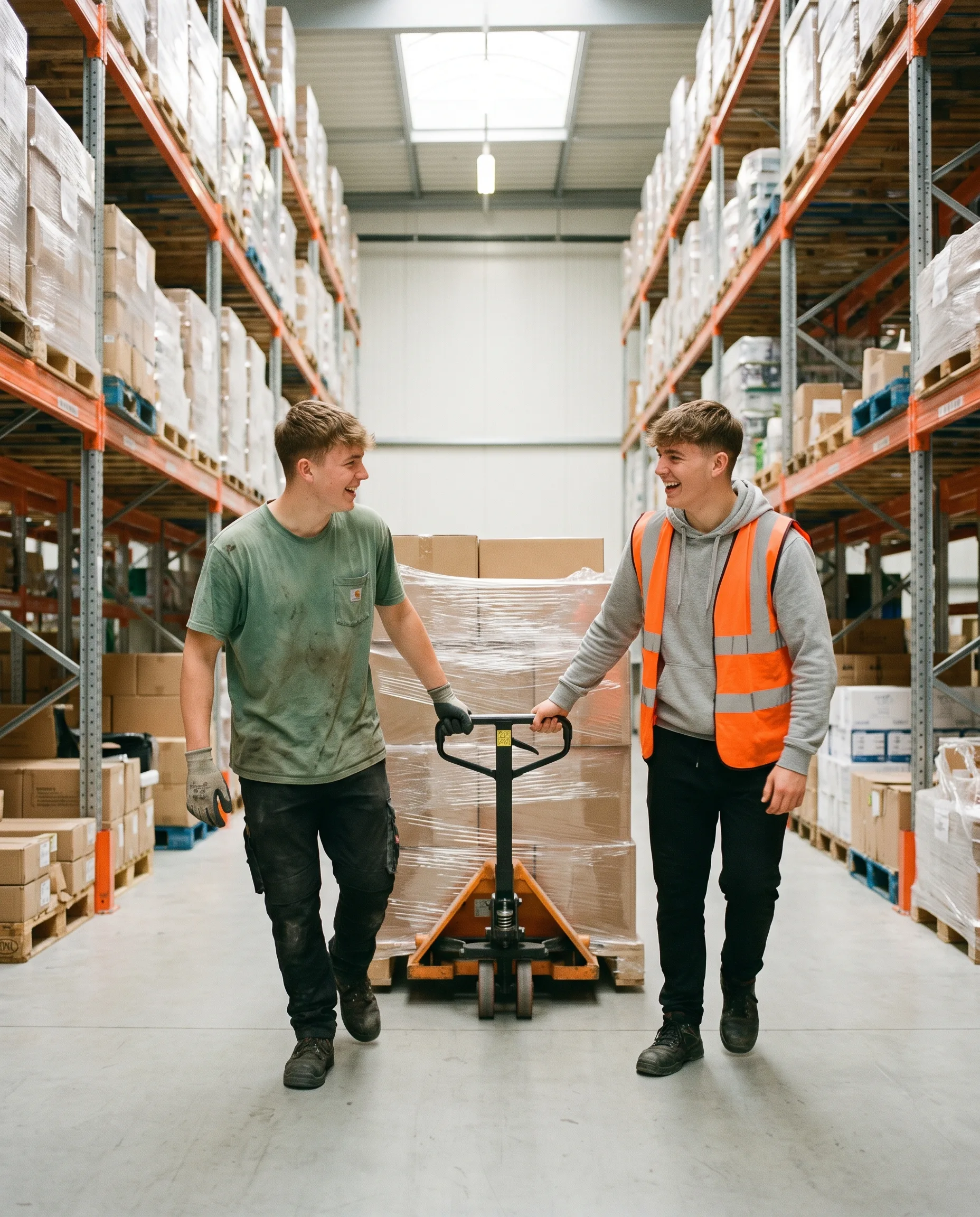 Twee studenten van StudentTopper Logistics trekken samen een geladen pompwagen door een magazijngang